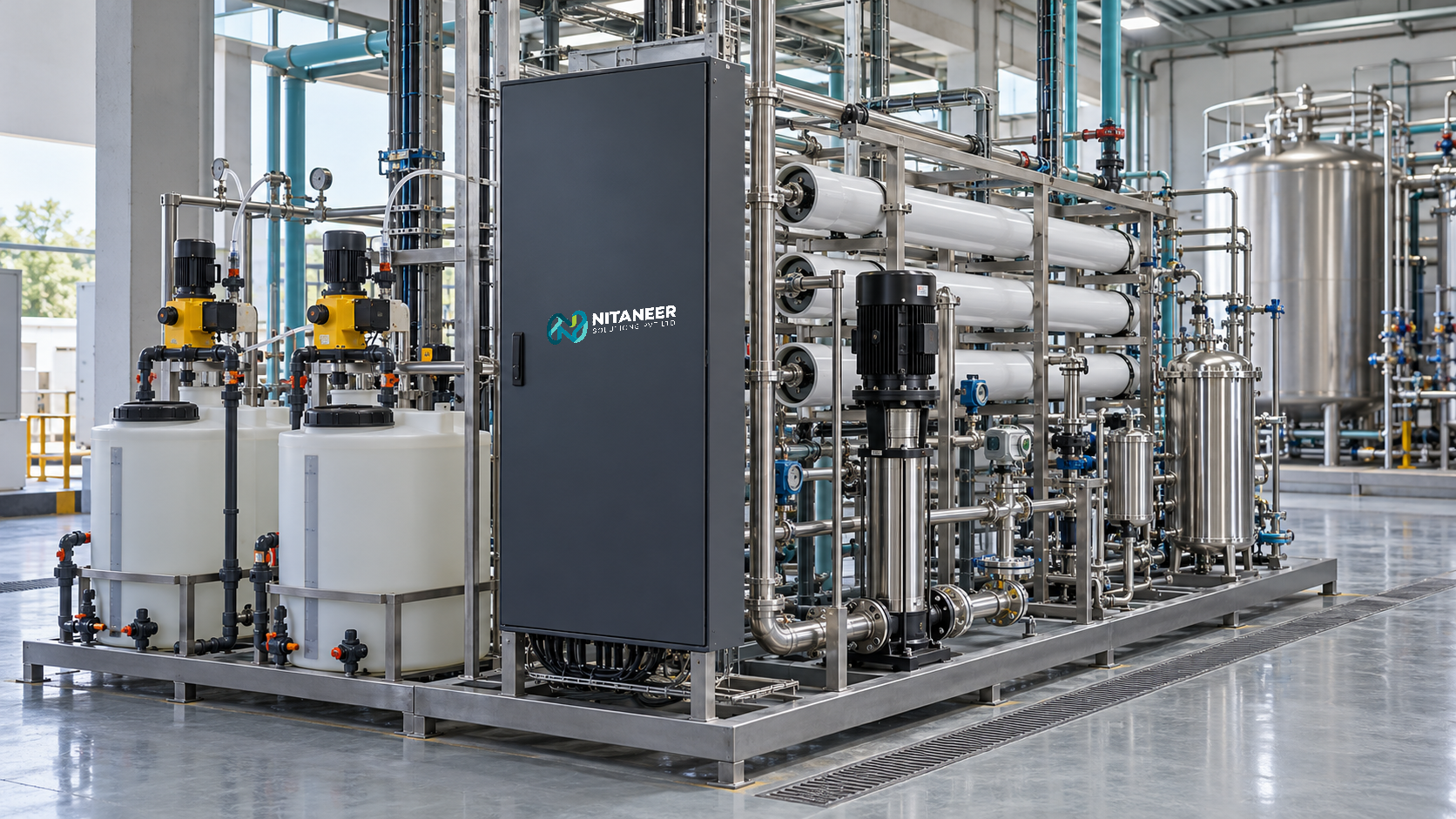Illustrative chemical and pharmaceutical utility installation with vessels, dosing and treatment skids