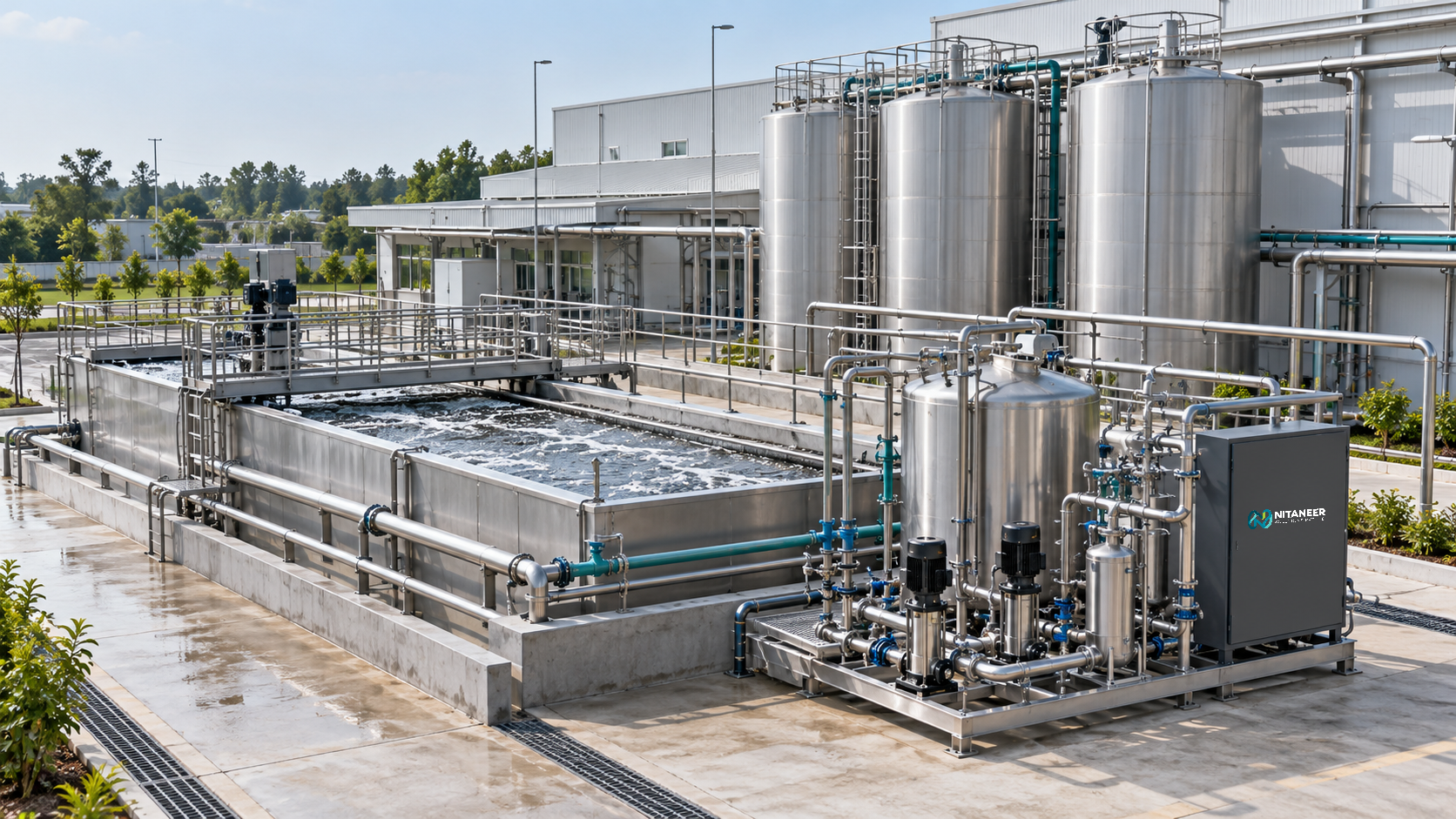 Illustrative food factory utility area with stainless tanks and wastewater treatment equipment