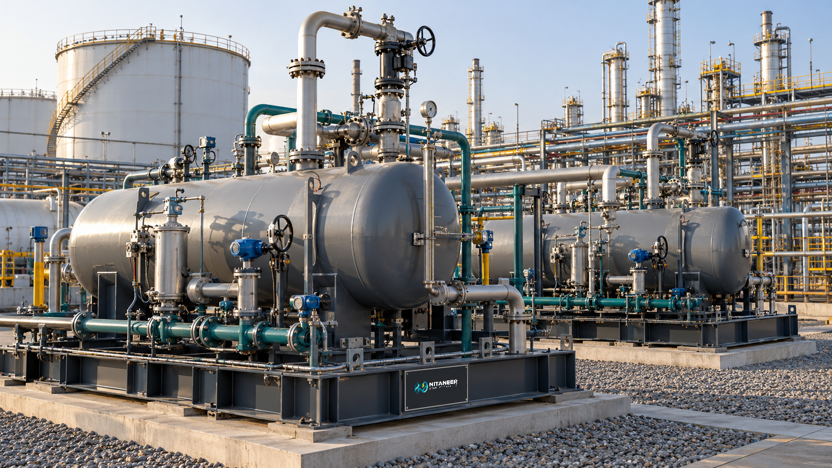 Illustrative oil and gas facility with separators, pipe racks and a modular treatment system